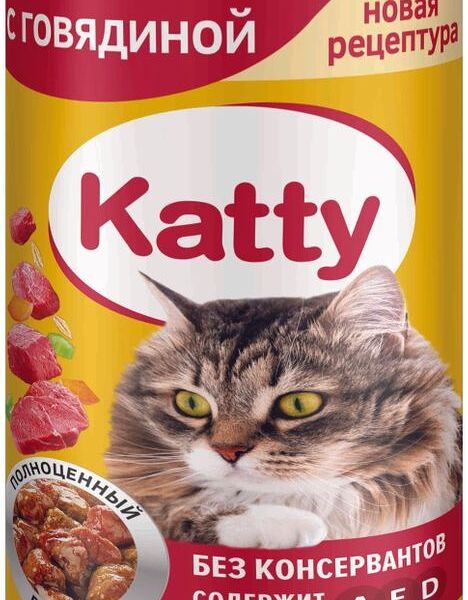 Корм влажный Katty с кусочками говядины в соусе для кошек 415г
