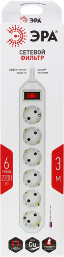 

Сетевой фильтр ЭРА USF-6es-3m-W с базовой защитой, с заземлением, с выключателем, 6 розеток, 3м, 10А, белый Арт. Б0037262