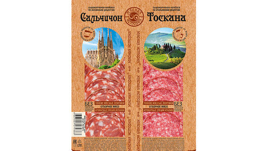 Колбаса сырокопченая Мясная история, ассорти Сальчичон и Тоскана, нарезка