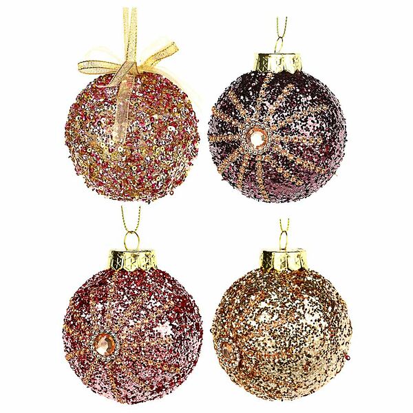 Подвеска шар с декором Сноу бум, 8 см, пластик, текстиль, пурпурный, розовый, шампань, 2  дизайна, 1 шт