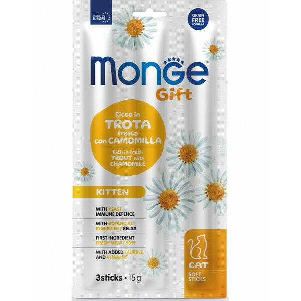 Лакомство для котят Monge Gift Kitten Growth Support Trout and Chamomile Мягкие палочки со свежей форелью и ромашкой