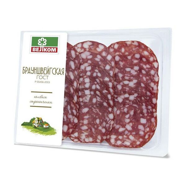 Колбаса сырокопчёная Брауншвейгская полусухая Велком, нарезка