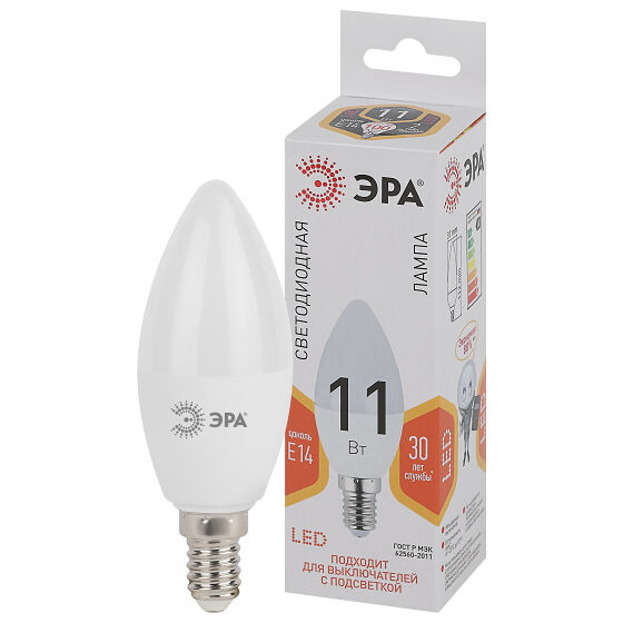 Лампочка светодиодная ЭРА STD LED B35-11W-827-E14  свеча теплый белый свет