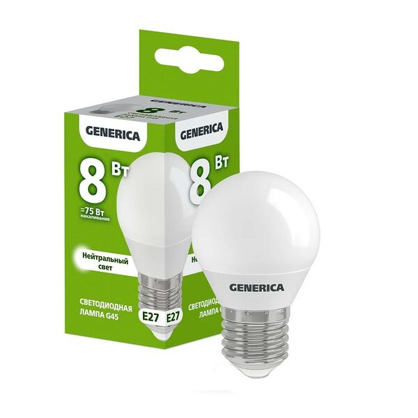 Лампа светодиодная IEK Generica, 8 Вт, E27, 230 В, 4000К, G45, шар