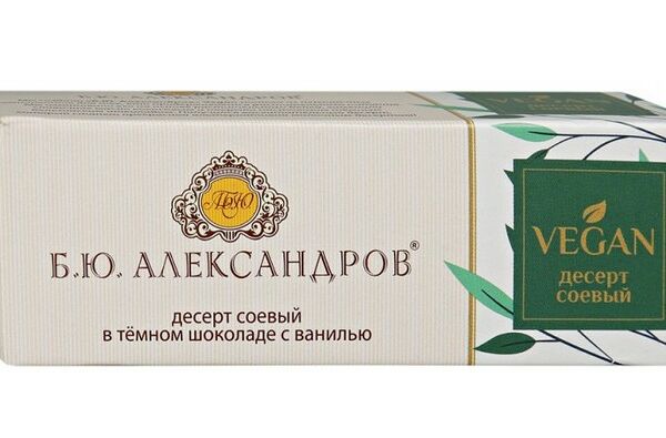 Десерт Vegan глазированный соевый в тёмном шоколаде с ванилью 15%, «Б.Ю. Александров»