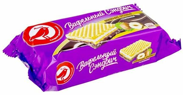 Сэндвич вафельный Ашан Красная птица с шоколадно-ореховым вкусом частично глазированный