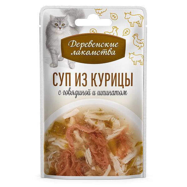 Деревенские лакомства для кошек, суп из курицы с говядиной и шпинатом, 35г