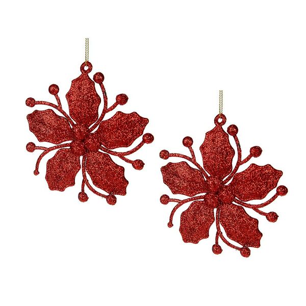 Сноу бум набор подвесок декоративных, 2 шт. в виде цветов, глиттер красный, пластик, 9см