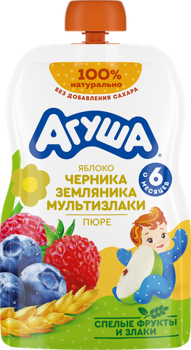

Пюре фруктовое детское Агуша Яблоко/черника/земляника со злаками с 6 месяцев 90 г