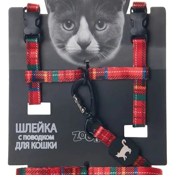 Шлейка для кошек ZOO ONE Шотландка красная 10мм 20х30/25х40см с поводком 120см