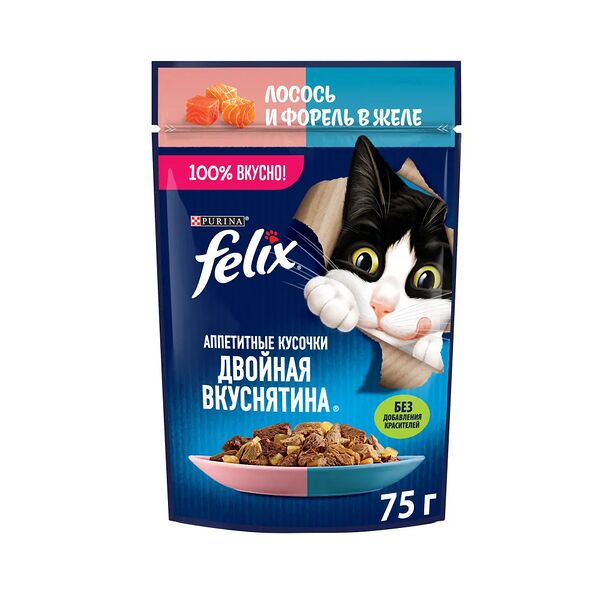 Влажный корм Felix Двойная Вкуснятина для кошек, с лососем и форелью, в желе 75 г
