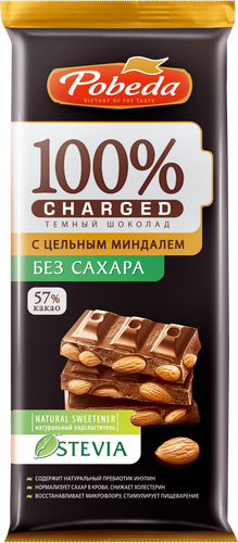 

Шоколад тёмный Победа с цельным миндалём без сахара 90 г