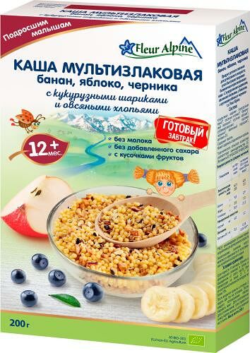 Каша мультизлаковая с бананом, яблоком и черникой, с 12 мес, Fleur Alpine