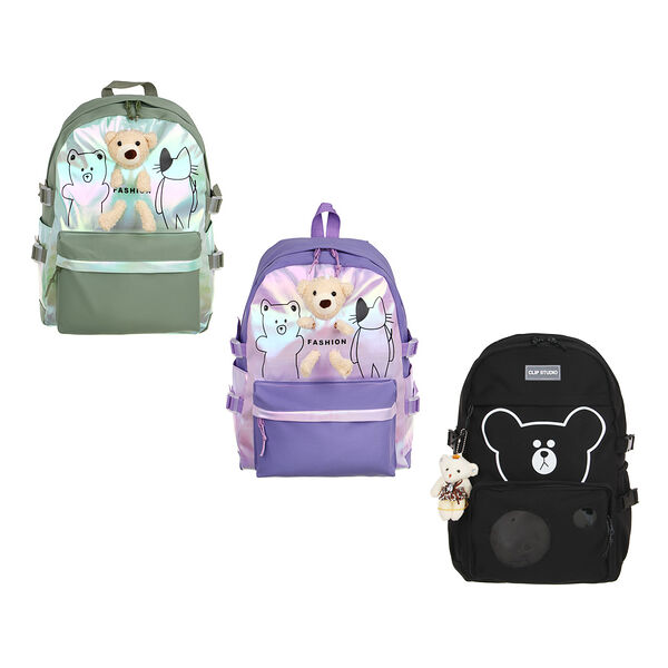 Рюкзак 45x31x14см, 1 отд., 2 бок.карм., карман на спинке, декор мягкой игрушкой, пэ, 3цв., в ассортименте