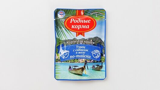 Влажный корм для кошек Родные корма Заморские Тунец с сибасом в желе по-тайски 70г