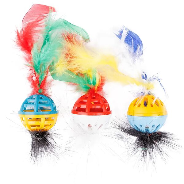 Игрушка для кошек Погремушка с бубенчиком, пером и мехом (3шт)