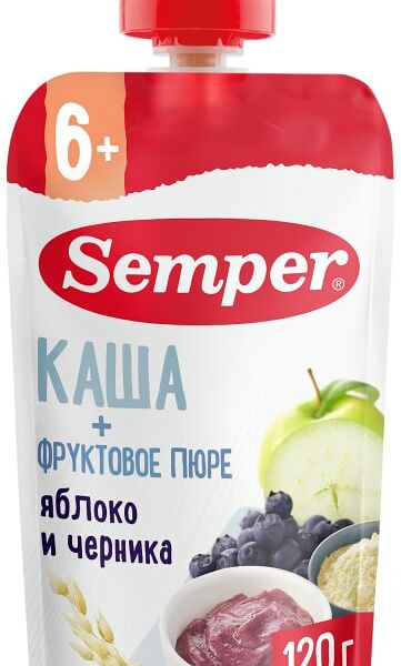 Фруктово-зерновое пюре Semper Яблочно-черничное с кашей с 6 месяцев 120г