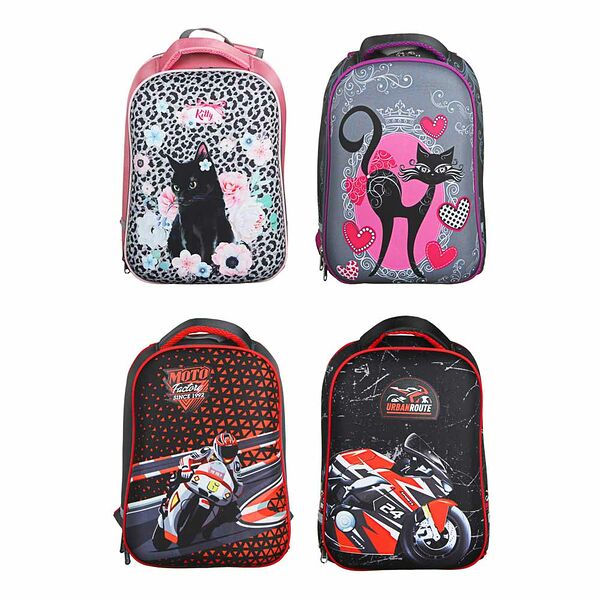 Рюкзак детский жесткий, 38x30x20см, 2 отделения, 2 кармана, эргономичная спинка, полиэстер, 4 диз.