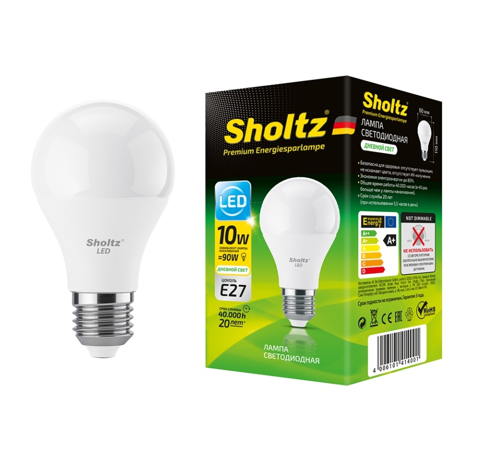 

Лампа светодиодная Sholtz A60 10Вт E27 A60 груша 4200К (холодный свет) 220В пластик