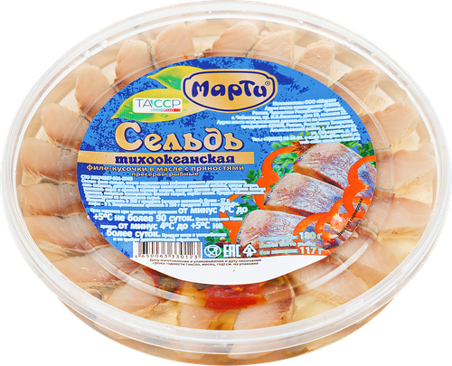 

Сельдь Марти тихоокеанская филе-кусочки в масле с пряностями 180 г