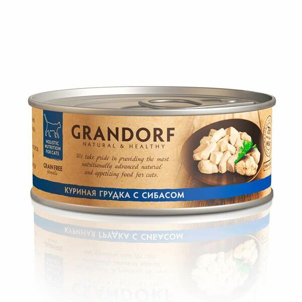Влажный корм Grandorf консервированный, для кошек, куриная грудка с сибасом, 70 г