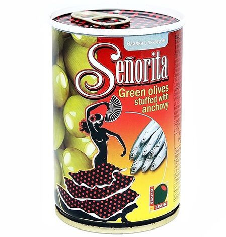 Оливки Senorita зеленые фаршированные анчоусом ж/б 280г