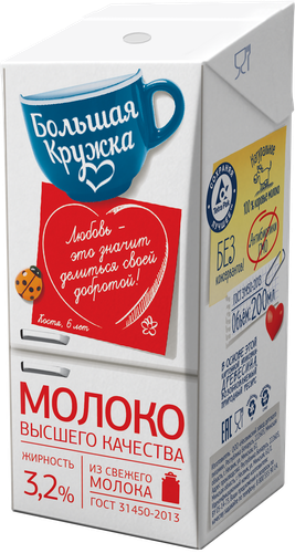 

Молоко ультрапастеризованное БОЛЬШАЯ КРУЖКА 3,2%, без змж, 205г