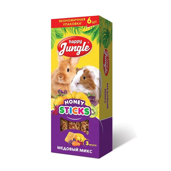 Лакомство для грызунов Happy Jungle Палочки для крупных грызунов, медовый микс, 6шт