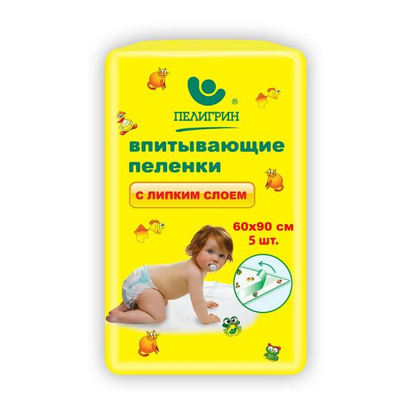Пеленки Пелигрин впитывающие с липким слоем, 60х90 см, 5 шт.