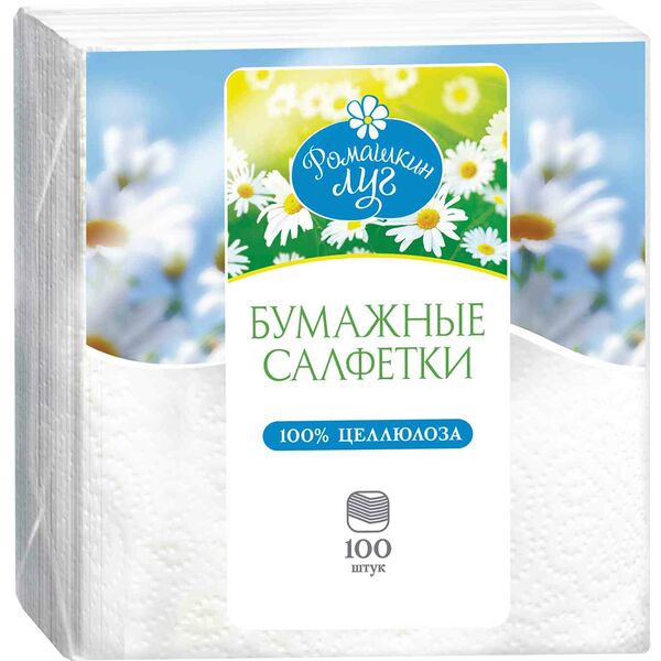 Бумажные салфетки Ромашкин луг белые однослойные с тиснением, 100 листов