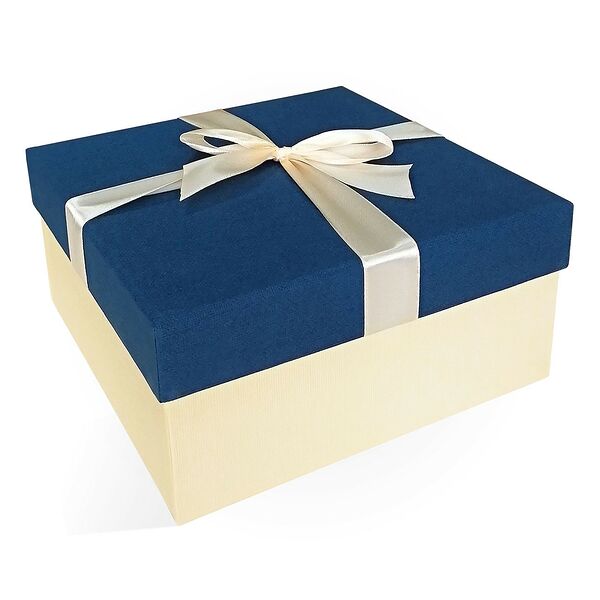 Коробка подарочная с бантом, тиснение рогожка, 19х19х9 см, синий-слоновая кость