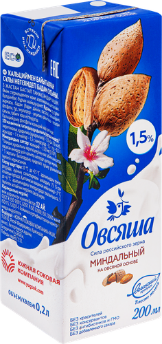 

Напиток Овсяша миндальный на овсяной основе 1.5% 0.2 л