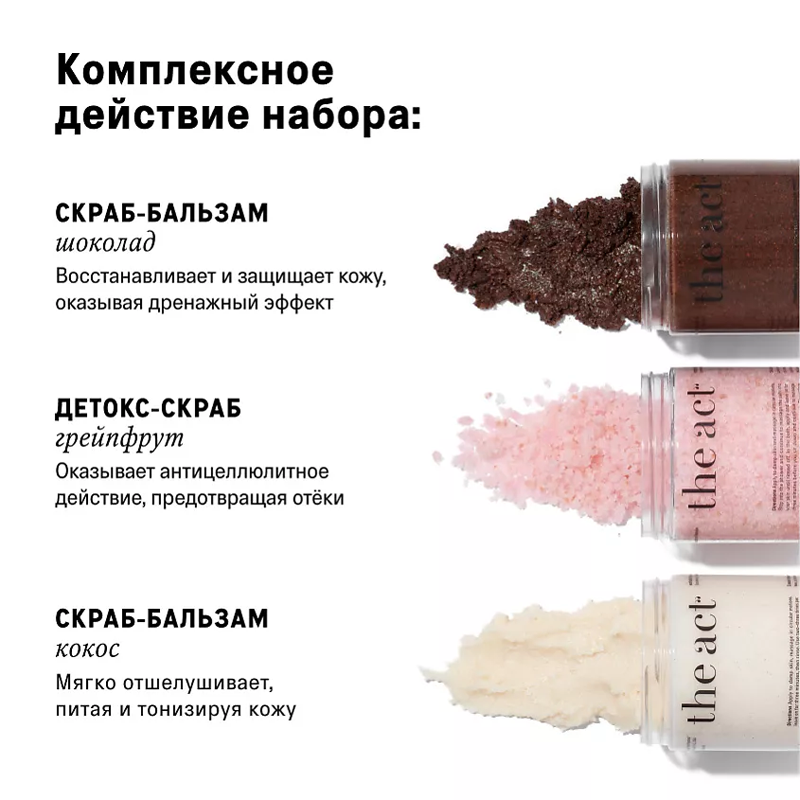 

Набор из 3-х скрабов для тела The act Best-selling Scrub Trio: Кокосовый, Грейпфрут и Кофейно-шоколадный 3х300 мл