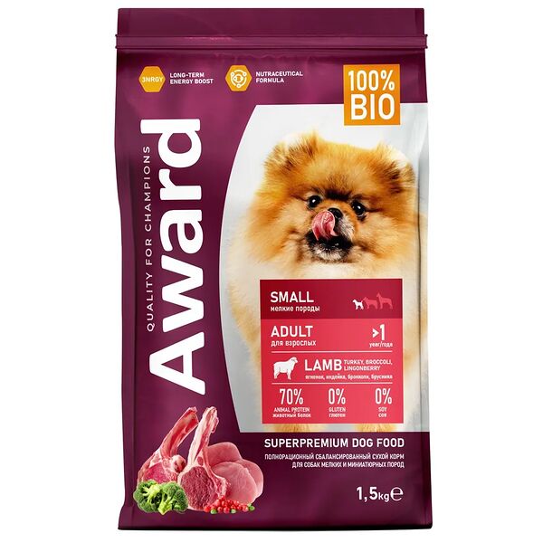 Сухой корм AWARD Dog Adult Mini для взрослых собак мелких и миниатюрных пород с ягненком и индейкой с добавлением брокколи и брусники