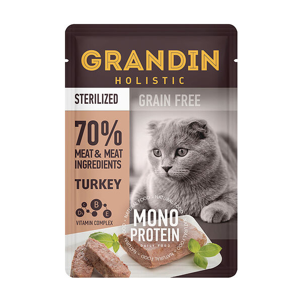 Sterilized Grain free Monoprotein Влажный корм Grandin (пауч) для взрослых стерилизованных кошек, патэ из нежного мяса индейки в желе, 85 гр.