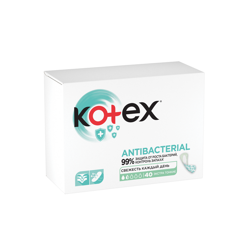 

Ежедневные прокладки Kotex Antibacterial Экстра Тонкие 2 капель 40 шт.