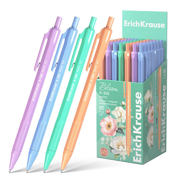 Ручка шариковая автоматическая ErichKrause R-305 Matic Pastel Bloom, синий, в ассортименте