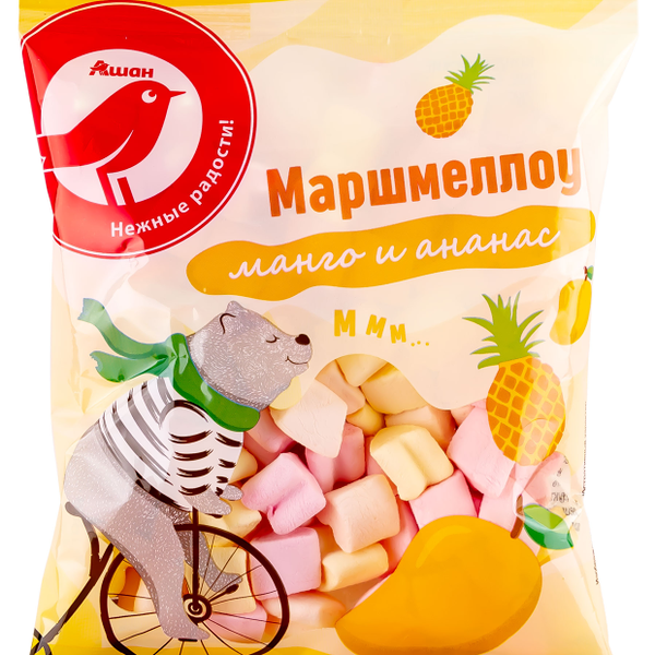 Маршмеллоу АШАН Красная птица в форме сердца с ароматом манго и ананаса