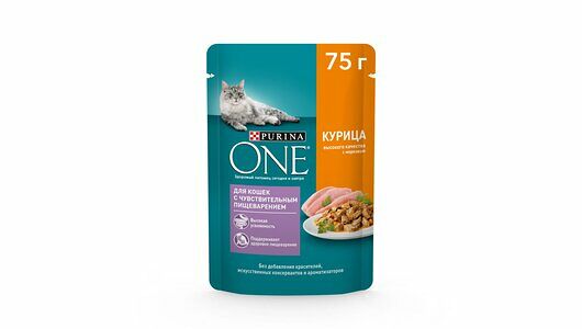 Влажный корм Purina ONE для кошек с чувствительным пищеварением, с курицей и морковью 75г
