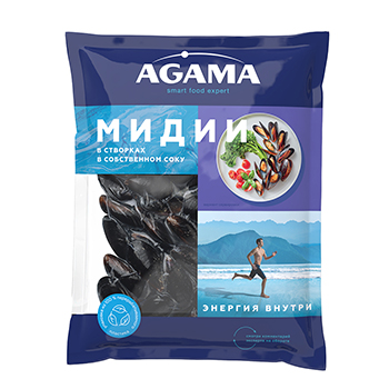 

Мидии в створках Agama в собственном соку варёно-мороженые 450 г