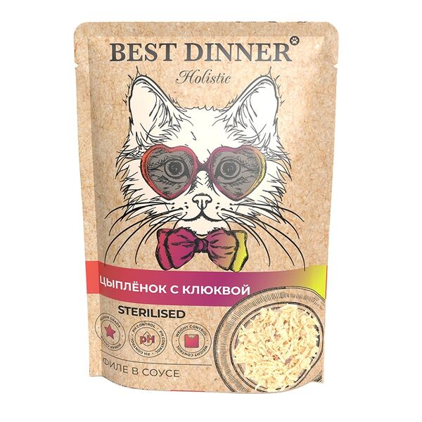 Корм Best Dinner Holistic Sterilised пауч для стерилизованных кошек (в соусе) Цыпленок и клюква, 1 шт, 70г