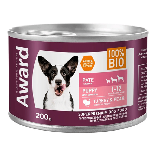 Корм для щенков AWARD от 1 месяца, паштет из индейки с грушей банка 200 г (упаковка - 12 шт)
