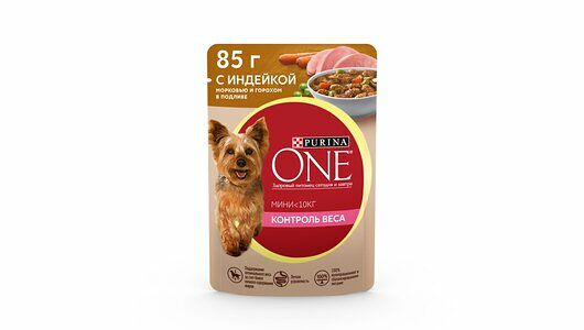 Влажный корм Purina ONE Мини Контроль веса для взрослых собак мелких пород с низкой физической активностью или склонных к набору веса, с индейкой, морковью и горохом в подливе 85 г