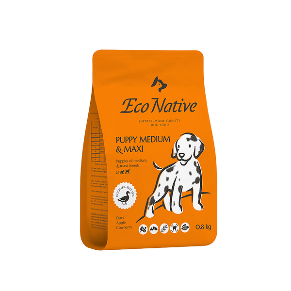 Сухой корм для щенков средних и крупных пород Eco Native Duck SUPERPREMIUM из мяса мускусной утки с яблоками и брусникой 800 г