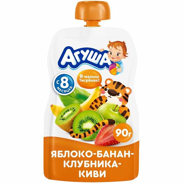 Пюре фруктовое Агуша яблоко-банан-клубника-киви, с 8 месяцев