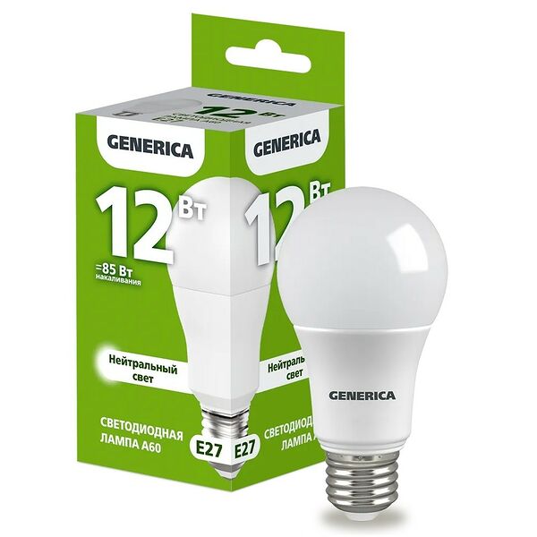 Лампа светодиодная IEK Generica, E27, 12 Вт, 230 В, 4000К, A60, груша
