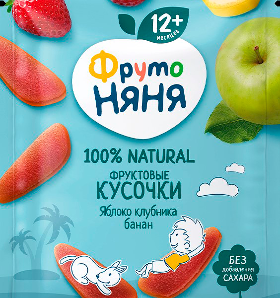 Фруктовые кусочки ФрутоНяня яблоко, клубника и банан, с 12 месяцев