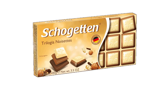 Шоколад Trilogia Schogetten молочный, белый с грильяжем и фундуком, с джандуей и фундуком, 100 г