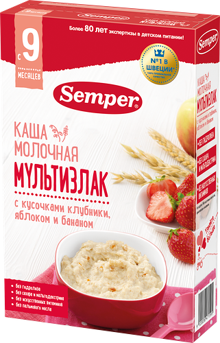 Каша молочная Semper мультизлаковая клубника-яблоко-банан с 9 месяцев 180г