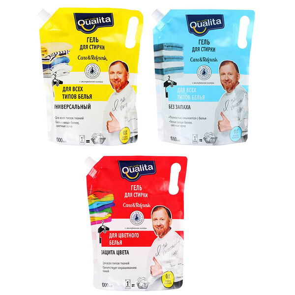 Гель для стирки qualita универсальный c хлопком/без запаха/для цветного белья, дой-пак, 1л